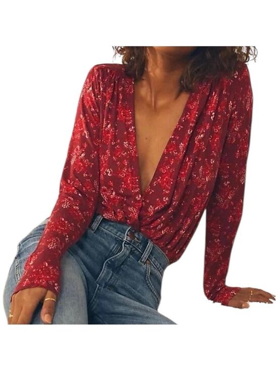 Free People Tops - Free People Everything’s Rosy Red Long Sleeve Bodysuit Size L